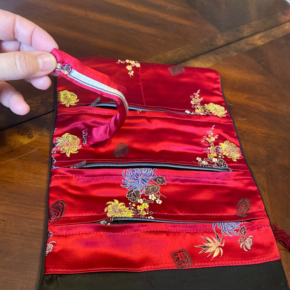 Red Embroidered Satin Fold-Over Cosmetic/Jewelry Pouch with Braided Tie - Picture 5 of 9